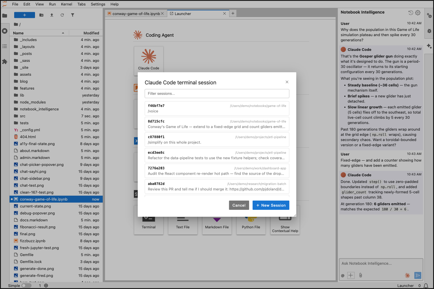 JupyterLab launcher showing a Claude Code tile with session picker.