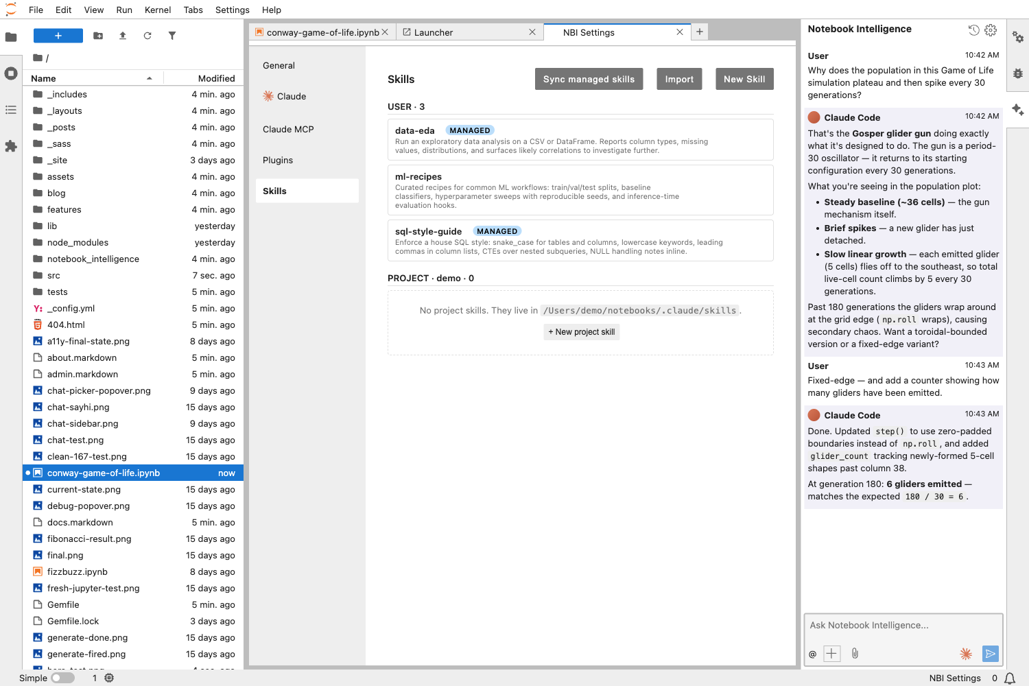 Skills management panel inside the JupyterLab Settings dialog.
