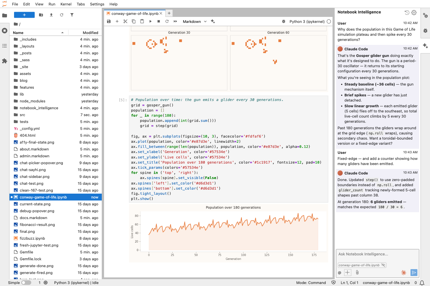 JupyterLab with the Notebook Intelligence chat sidebar open, mid-conversation with Claude Code.