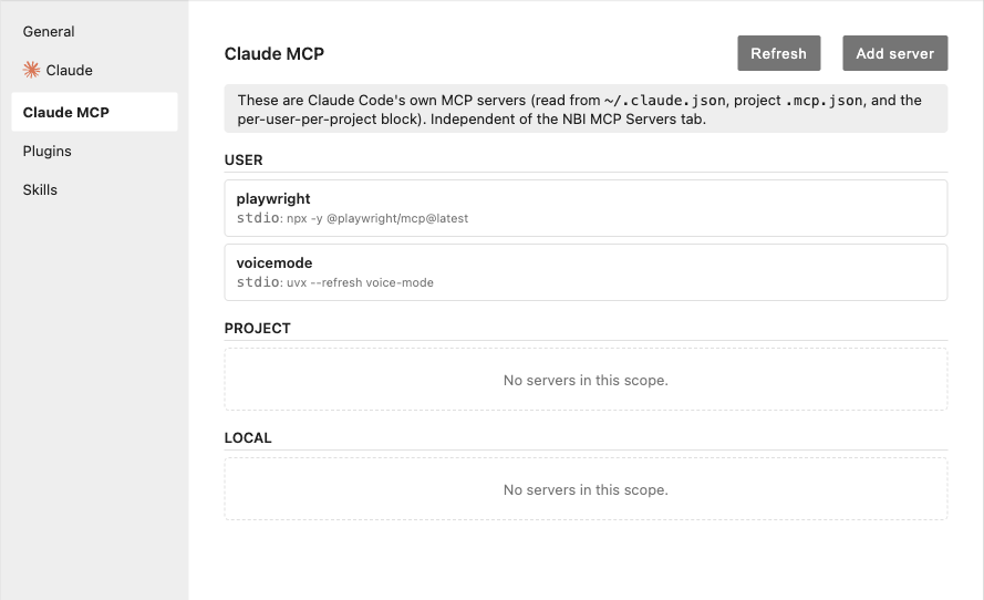 Claude MCP Servers tab with an explanatory banner, user, project, and local scope sections listing stdio servers, and Refresh and Add server buttons