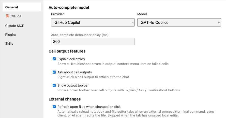 The General tab in NBI Settings showing the External changes section with the refresh open files toggle