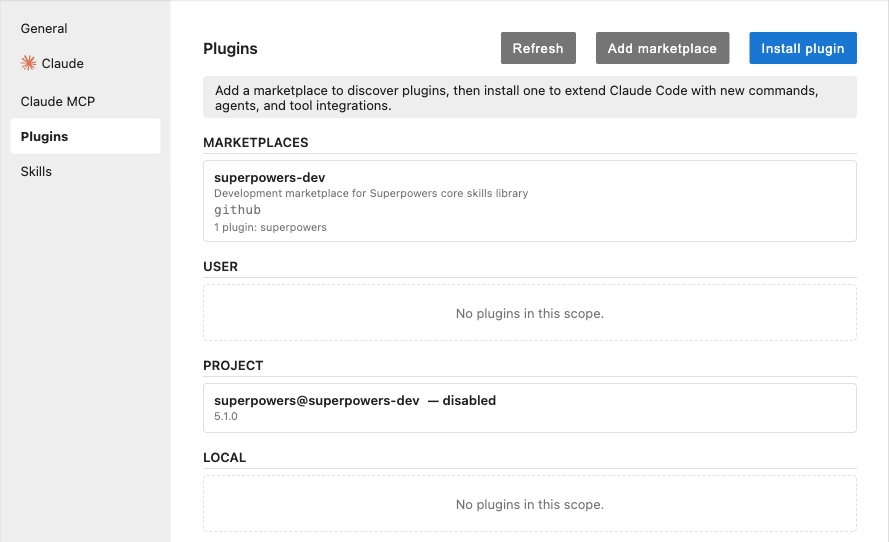 Claude Plugins tab showing a marketplaces section, scoped plugin lists including one disabled plugin, and Refresh, Add marketplace, and Install plugin buttons
